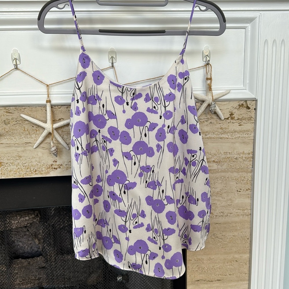 Women’s Bar III white w/purple floral & black stem dress polyester tank.